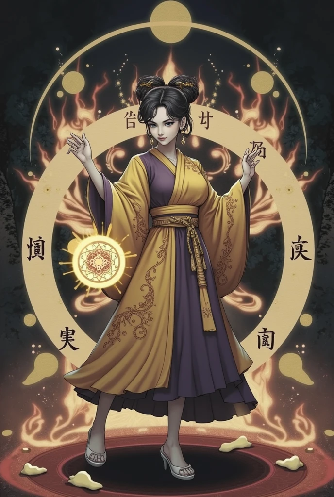 Beautiful Girl Spirit Taoist、Yellow Taoist Clothing、Bagua pattern(black)、Bagua Mirror、bill、Spell