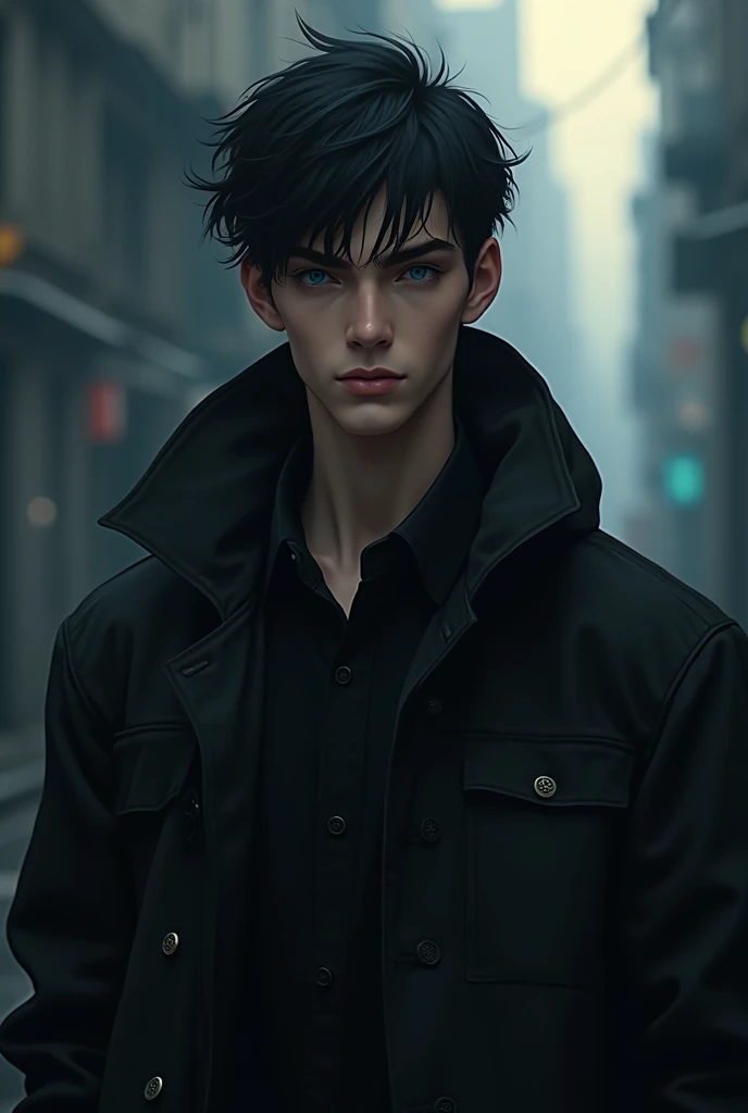 A handsome mature Boy with black hair and blue eyes with masculine jawline and wear a Black oversized jacket and with dark facial features