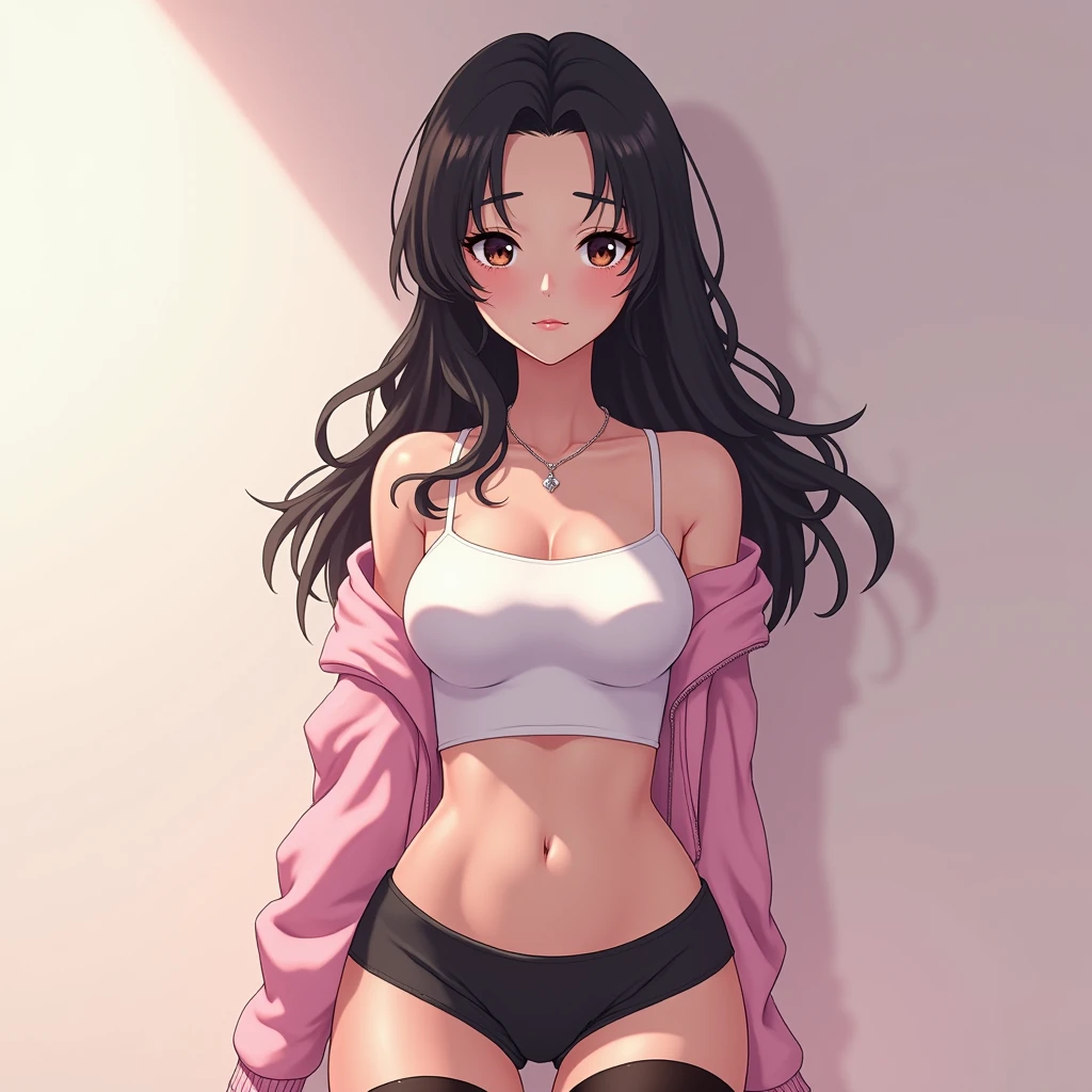 1 girl, (perfect face: 1.3), (perfect white skin: 1.2), perfect body, woman (tasty breasts: 1.3), (cleavage in V: 1.3),Hair (black long wavy: 1.4), Sexy eyes( brown: 1.2), (sharp jawline: 1.2), pink cropped jacket, white tank top, (slim body: 1.4), (sexy lips: 1.2), mini skirt, (black stocking: 1.2), (pastel color: 1.3), ( Anime art style: 1.5)