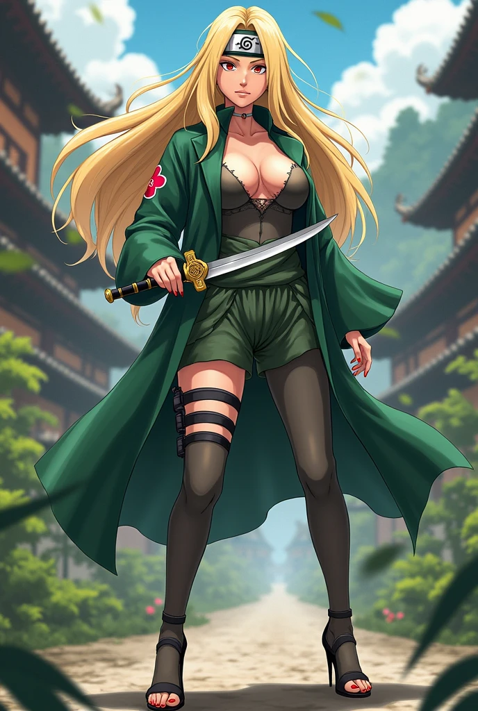 AppleJack, Applejack from my little pony, big es, Lush breasted clothing, elastic breasts, exubair, straight hair, red elastic band on the hair, samurai, kimono , smirk, serious face, Katana in hand, big iron katana, very long katana, emphasis on the sword, shiny sword, glitter sword, view from bottom, Foreshortening from the ground, fishnet stockings, apple hairpin, Green Outfit, a lot of green and red, beste-Qualit, Very detailed, Japanese farm, the trees, Apple trees