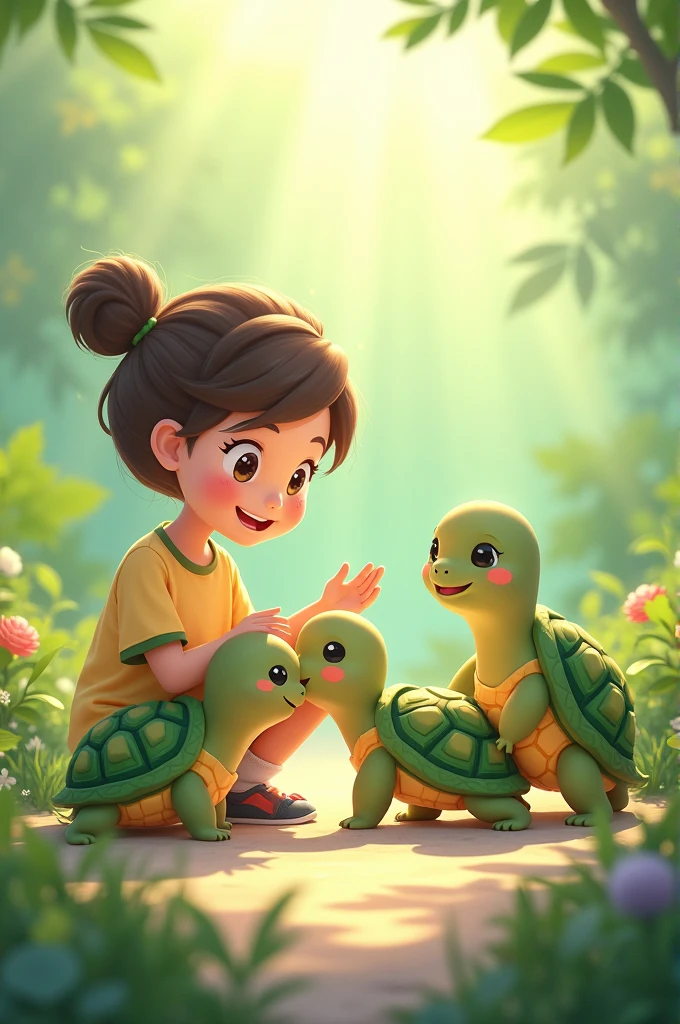 Draw a bunch of turtles and a person together,Cute style