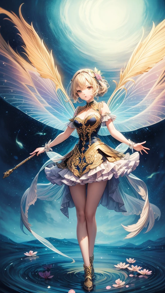 color photo of a flower fairy with transparent colorful wings, holding a magic wand, beautiful, ((ultra-detailed)), (highly detailed illustration), (expressionless), (best quality:1.2), realistic8K UHD, High definition,(masterpiece)