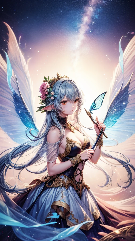 color photo of a flower fairy with transparent colorful wings, holding a magic wand, beautiful, ((ultra-detailed)), (highly detailed illustration), (expressionless), (best quality:1.2), realistic8K UHD, High definition,(masterpiece)