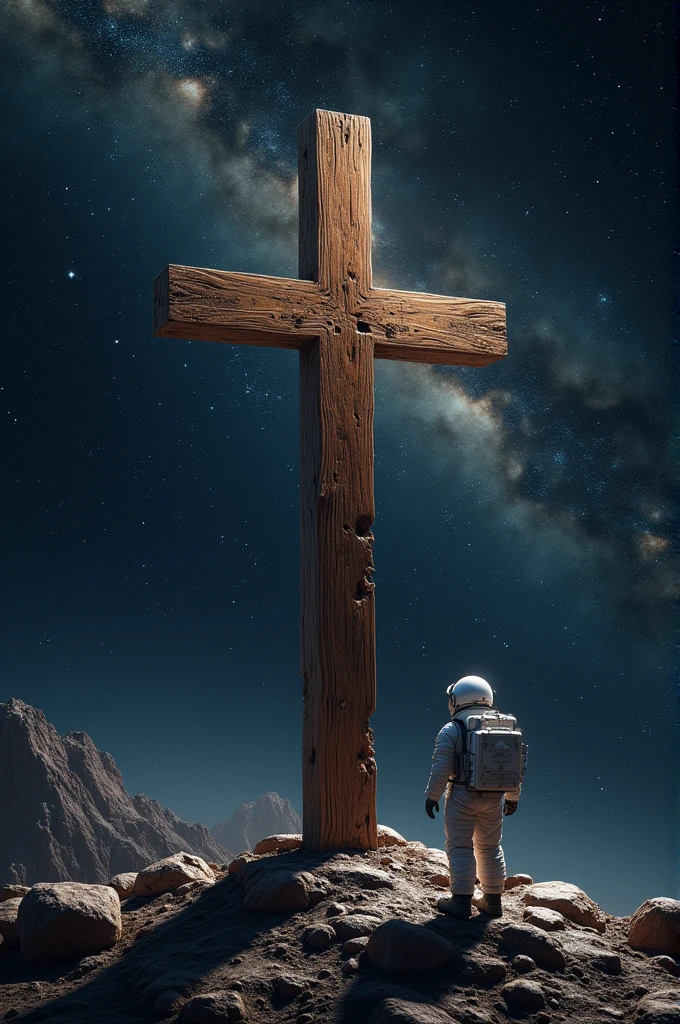 Wooden cross , in outer space, constellations, stars , planets , an astronaut