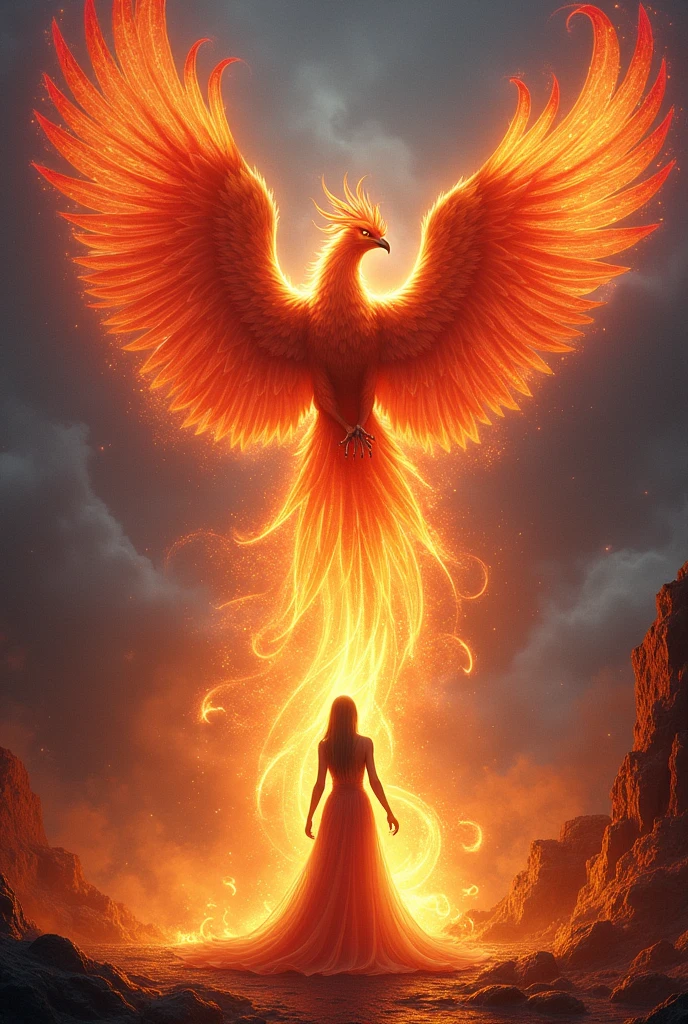 A majestic phoenix rising from glowing embers, its vibrant red, orange, and gold feathers radiating heat and light. The phoenix has large, powerful wings spread wide as it ascends, surrounded by swirling flames and smoke. In the background, a mystical, twilight sky with hints of purple and blue adds contrast to the fiery scene. Standing near the phoenix is a woman dressed in a flowing, ethereal gown, her hair gently flowing in the wind. She has a calm yet powerful presence, gazing at the phoenix with admiration and strength, her hand slightly extended towards the bird as if she's connected to its energy.