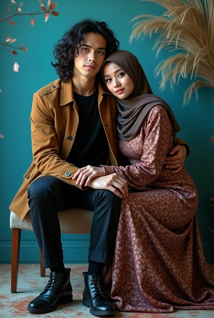 Photography of a 20 year old Asian guy with long curly hair wearing a cool jacket, trousers and shoes, hugging a 3 Indonesian mother wearing a hijab sitting on a chair wearing a cool kebaya with a cool background