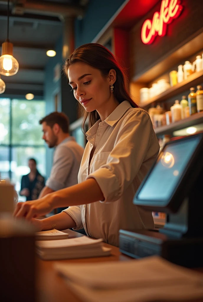 A dynamic, bustling cafe scene featuring a young pretty woman expertly managing cash transactions at the register. From an over-the-shoulder low shoot perspective, she is shown efficiently handling multiple tasks, her focused expression illuminated by bright, modern lighting that accentuates her multitasking prowess. The cafe's warm, inviting ambiance is further emphasized by the vibrant colors and sleek, contemporary design elements.