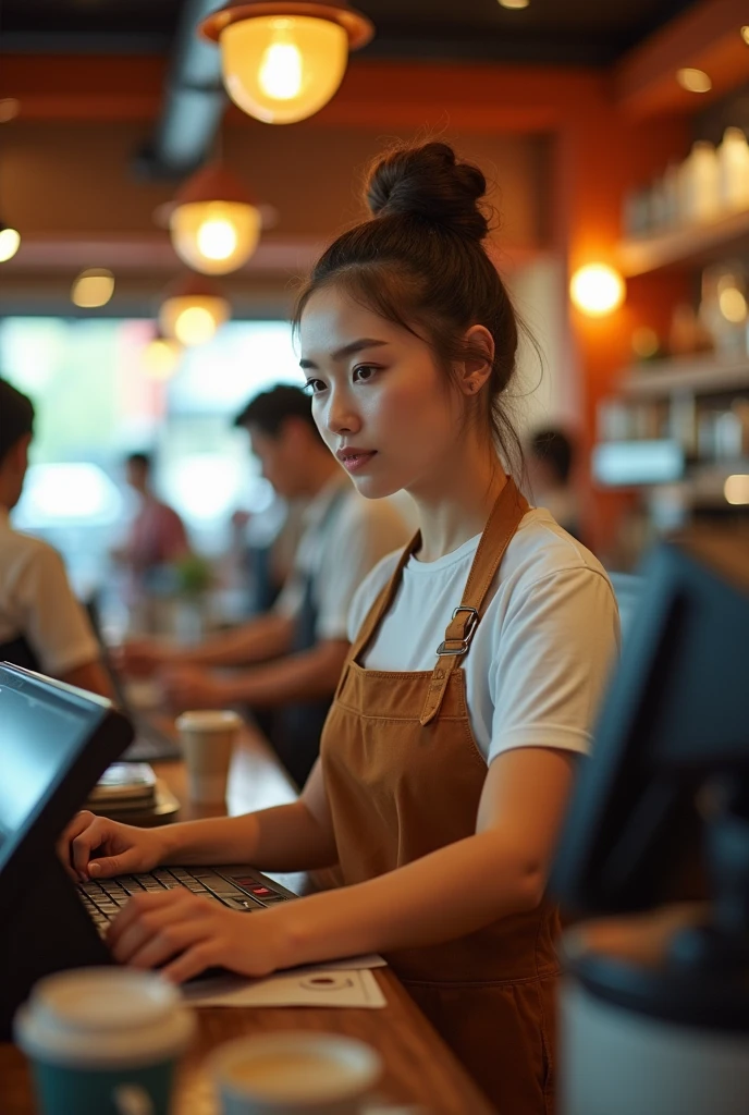 A dynamic, bustling cafe scene featuring a young pretty woman expertly managing cash transactions at the register. From an over-the-shoulder low shoot perspective, she is shown efficiently handling multiple tasks, her focused expression illuminated by bright, modern lighting that accentuates her multitasking prowess. The cafe's warm, inviting ambiance is further emphasized by the vibrant colors and sleek, contemporary design elements.