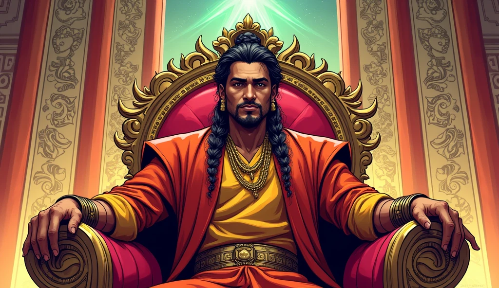 Comic style, young Shakuni in royal attire standing confidently beside King Subala on a grand throne, with vibrant colors and rich decorations in the background."