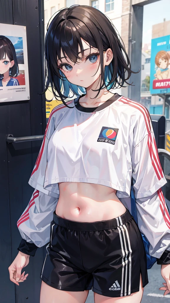 (Realistic painting style:1.0), Masterpiece, Best quality, absurderes, comic strip, illustration,
1 girl, Medium hair, Cute girl, young and cute girl, Korean girl, {Breasts}, Width 17, 
A girl in a white shirt and black shorts, Wearing track suit, croptop, trending on r/Street attire, She is seen wearing streetwear pieces, Wearing track suit, Sportswear,