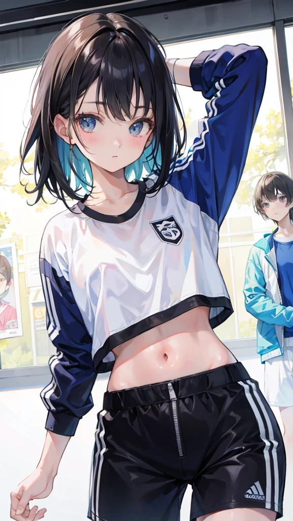 (Realistic painting style:1.0), Masterpiece, Best quality, absurderes, comic strip, illustration,
1 girl, Medium hair, Cute girl, young and cute girl, Korean girl, {Breasts}, Width 17,
A girl in a white shirt and black shorts, Wearing track suit, croptop, trending on r/Street attire, She is seen wearing streetwear pieces, Wearing track suit, Sportswear,