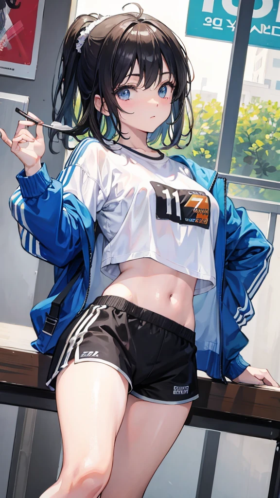 (Realistic painting style:1.0), Masterpiece, Best quality, absurderes, comic strip, illustration,
1 girl, Medium hair, Cute girl, young and cute girl, Korean girl, {Breasts}, Width 17,
A girl in a white shirt and black shorts, Wearing track suit, croptop, trending on r/Street attire, She is seen wearing streetwear pieces, Wearing track suit, Sportswear,