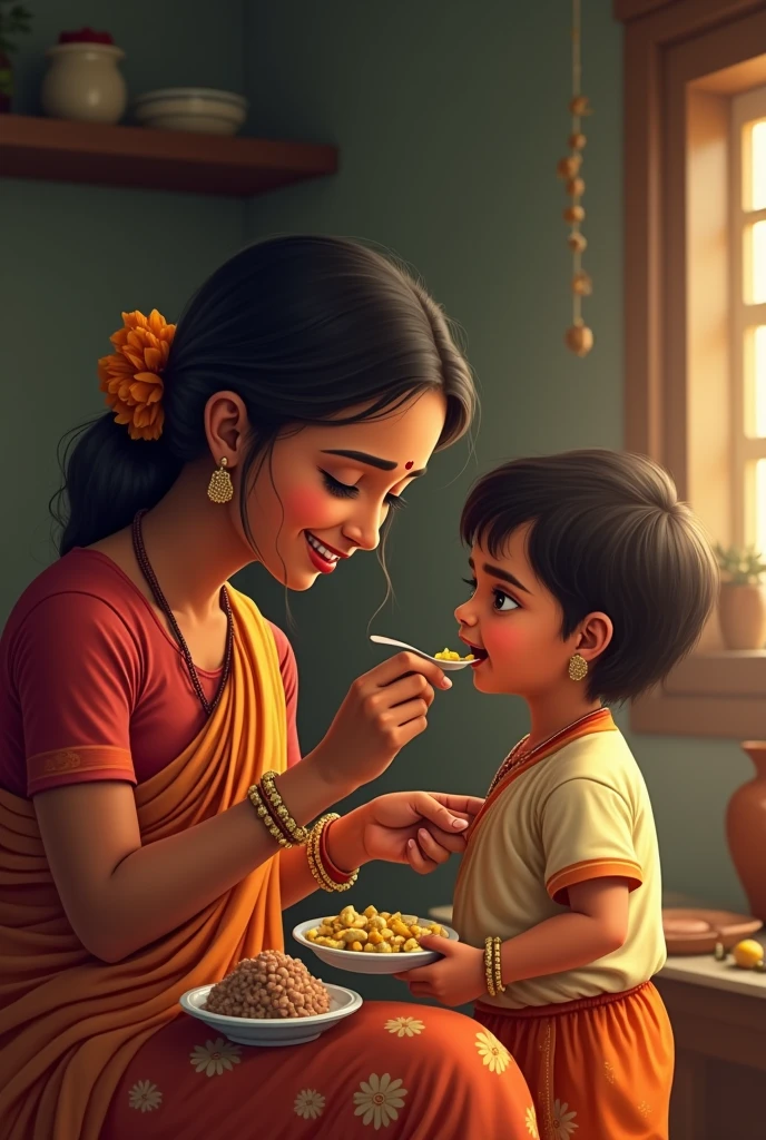 Kerala mother feeding a  boy