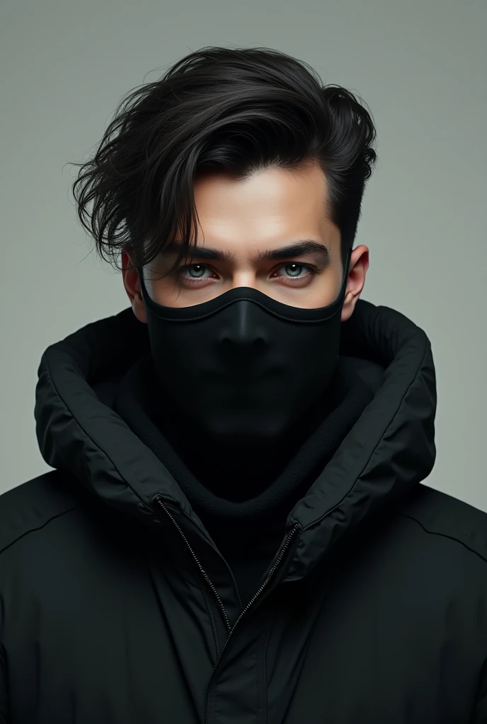 A handsome mature Boy with black hair and blue eyes with masculine jawline and wear a Black oversized jacket and with dark facial features  with black mask

