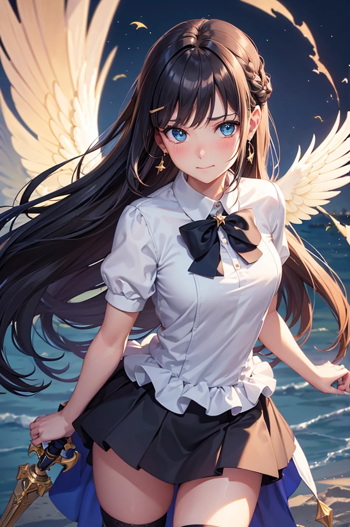 A beautiful girl in a short skirt holding a sword and a bird, outside, night, (magical girl), leotard, fluffy layered skirt, thigh highs, bow, wand, wings, flying, floating, big rounds breasts, dark brown hair, long bangs, french braid, long hair, wavy hair, expressive hair, shiny hair, hairclip, hair ribbon, jewelry, aqua eyes, glowing eyes, pupils sparkling, earrings, blush, light smile, shy, embarrassed, nervous smile, beautiful detailed eyes, natural lighting, high detail, anime, anime style, depth of field, cinematic lighting, game CG, dithering, image fill, multiple views, wide shot, from above, from behind, from below, atmospheric perspective, perspective, panorama, Wide-Angle, f/1.8, 85mm, Nikon, 8k, super detail, masterpiece, retina, masterpiece, accurate, anatomically correct, textured skin, high details, best quality, highres, 16k