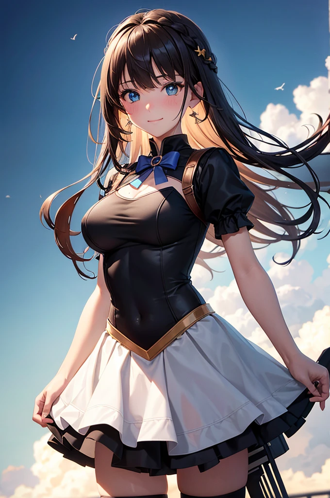 A beautiful girl in a short skirt holding a sword and a bird, outside, night, (magical girl), leotard, fluffy layered skirt, thigh highs, bow, wand, wings, flying, floating, big rounds breasts, dark brown hair, long bangs, french braid, long hair, wavy hair, expressive hair, shiny hair, hairclip, hair ribbon, jewelry, aqua eyes, glowing eyes, pupils sparkling, earrings, blush, light smile, shy, embarrassed, nervous smile, beautiful detailed eyes, natural lighting, high detail, anime, anime style, depth of field, cinematic lighting, game CG, dithering, image fill, multiple views, wide shot, from above, from behind, from below, atmospheric perspective, perspective, panorama, Wide-Angle, f/1.8, 85mm, Nikon, 8k, super detail, masterpiece, retina, masterpiece, accurate, anatomically correct, textured skin, high details, best quality, highres, 16k