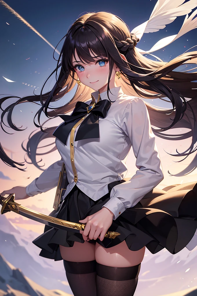 A beautiful girl in a short skirt holding a sword and a bird, outside, night, (magical girl), leotard, fluffy layered skirt, thigh highs, bow, wand, wings, flying, floating, big rounds breasts, dark brown hair, long bangs, french braid, long hair, wavy hair, expressive hair, shiny hair, hairclip, hair ribbon, jewelry, aqua eyes, glowing eyes, pupils sparkling, earrings, blush, light smile, shy, embarrassed, nervous smile, beautiful detailed eyes, natural lighting, high detail, anime, anime style, depth of field, cinematic lighting, game CG, dithering, image fill, multiple views, wide shot, from above, from behind, from below, atmospheric perspective, perspective, panorama, Wide-Angle, f/1.8, 85mm, Nikon, 8k, super detail, masterpiece, retina, masterpiece, accurate, anatomically correct, textured skin, high details, best quality, highres, 16k