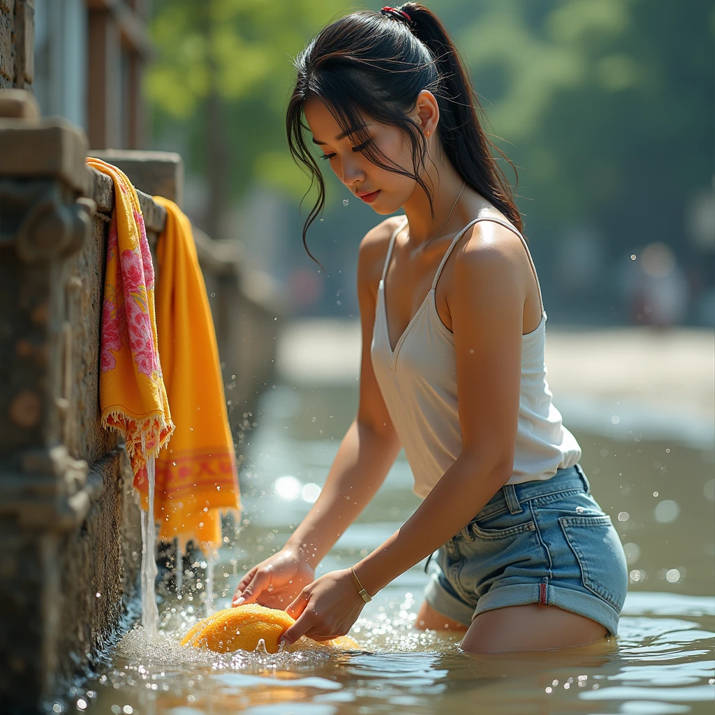 Thai woman of 20 age in shorts and sleevless washing clothes