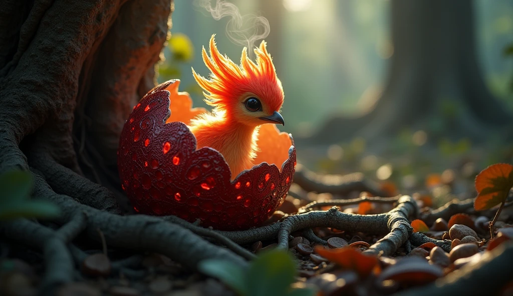 photorealistic, 34K, A baby phoenix emerging from a deep red egg, in a shadowy forest