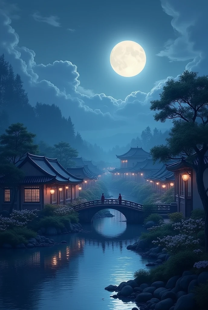 (Masterpiece, Best Quality, Illustration, Fine Detail), ((Very Detailed CG Unity 8k Wallpaper, High Resolution)), High Saturation, Low Brightness, ConceptArt, ((Unmanned)), (Landscape), (Small Bridge Flowing Water), (Jiangnan Water Town), Sky, Night, (Full Moon), Cloud, Outdoor, Architecture, River, Suzhou Garden