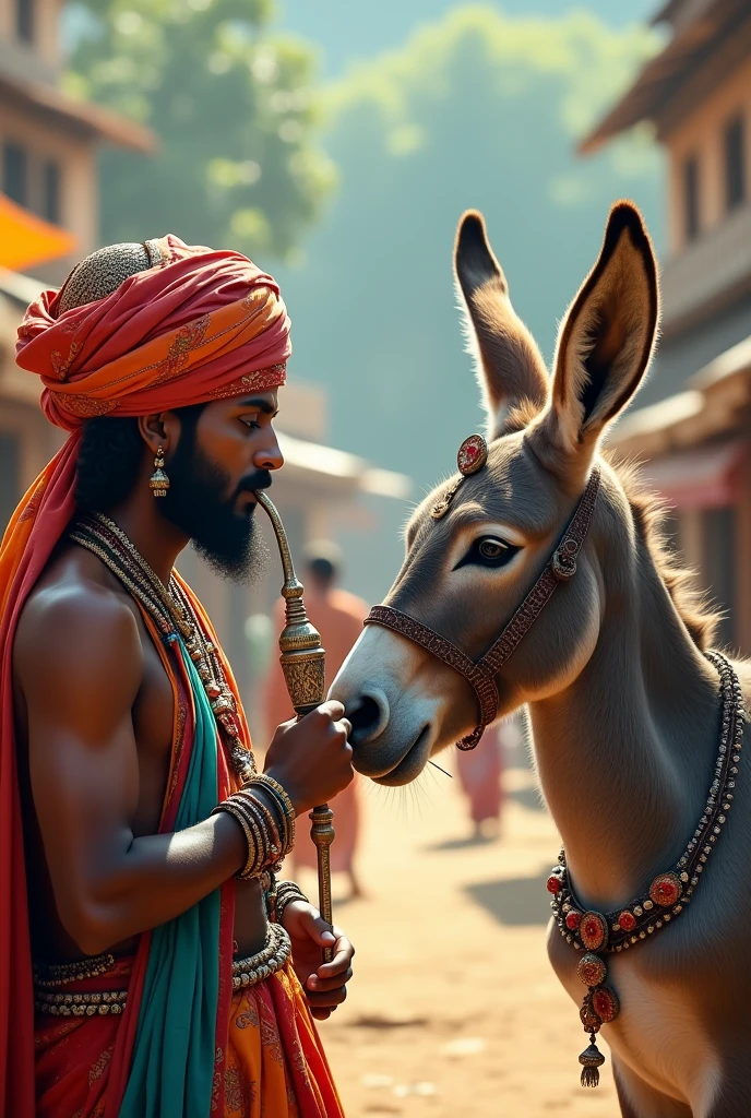 Playing the snake charmers instrument, Nagin bin in front of the donkey. Face to face 

