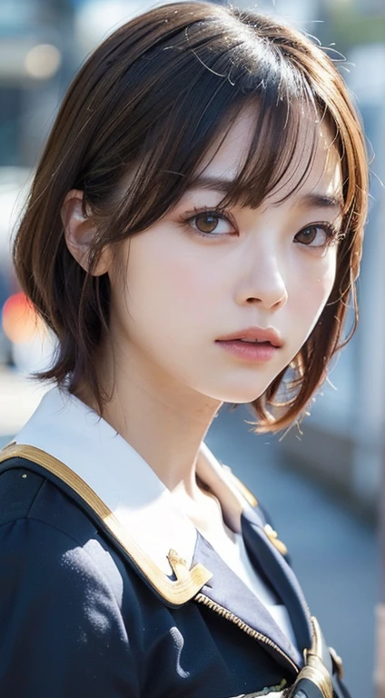 (Close-up:1.4)、(RAW Photos:1.2)、(Photorealistic:1.4)、(masterpiece:1.3)、(Highest quality:1.4)、(Beautiful woman with perfect body:1.4)、Beautiful female soldier、Wearing a suit、Beautiful young Japanese woman、Highly detailed face and skin texture、Small, large eyes、double eyelid、Cute Face、(Short Bob:1.2)、Storm and epic war scenes、cyber punk、（Plug Suit）、((Navy and white futuristic police uniform)), Perfect quality,, Stunning beauty,, Small breasts, (High quality anime), Standing on the street by the river next to the village, Please place your hand on your chest, Looking at the audience, Gauntlet. Short hair blowing in the wind, , Bright lightning.Gun holder on the waist
