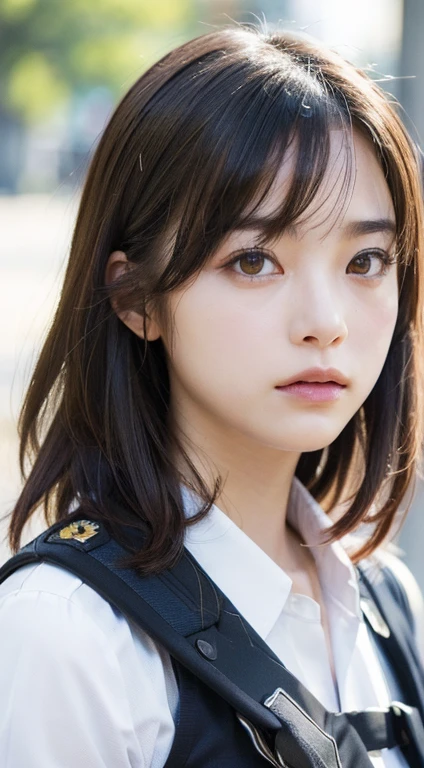 (Close-up:1.4)、(RAW Photos:1.2)、(Photorealistic:1.4)、(masterpiece:1.3)、(Highest quality:1.4)、(Beautiful woman with perfect body:1.4)、Beautiful female soldier、Wearing a suit、Beautiful young Japanese woman、Highly detailed face and skin texture、Small, large eyes、double eyelid、Cute Face、(Short Bob:1.2)、Storm and epic war scenes、cyber punk、(Plug Suit)、((Navy and white futuristic police uniform)), Perfect quality,, Stunning beauty,, Small breasts, (High quality anime), Standing on the street by the river next to the village, Please place your hand on your chest, Looking at the audience, Gauntlet. Short hair blowing in the wind, , Bright lightning.Gun holder on the waist