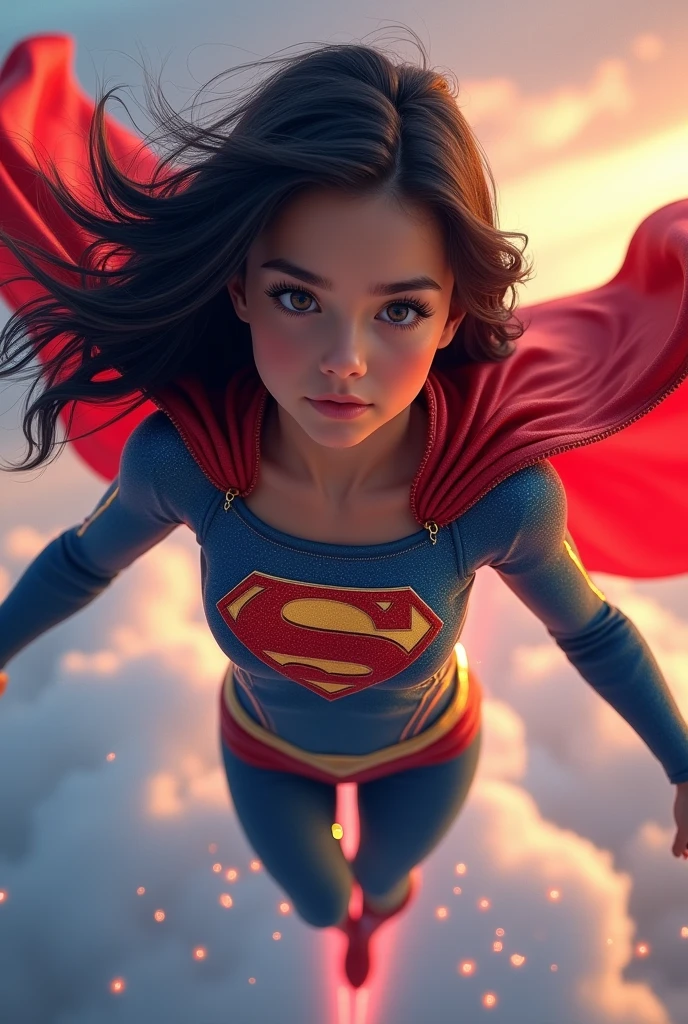 a teenage girl superhero, dark-haired girl in red and blue costume with cape, detailed face and body, beautiful detailed eyes, beautiful detailed lips, extremely detailed face, long eyelashes, dynamic action pose, flying in the sky, glowing energy effects, dramatic lighting, cinematic composition, vibrant colors, comic book style, digital painting, 8k, high quality, detailed description