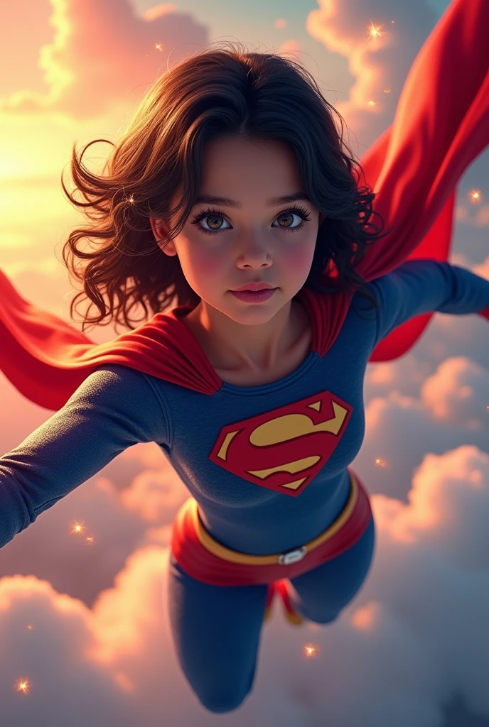 a teenage girl superhero, dark-haired girl in red and blue costume with cape, detailed face and body, beautiful detailed eyes, beautiful detailed lips, extremely detailed face, long eyelashes, dynamic action pose, flying in the sky, glowing energy effects, dramatic lighting, cinematic composition, vibrant colors, comic book style, digital painting, 8k, high quality, detailed description