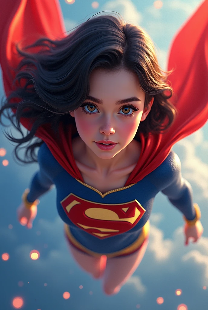 a teenage girl superhero, dark-haired girl in red and blue costume with cape, detailed face and body, beautiful detailed eyes, beautiful detailed lips, extremely detailed face, long eyelashes, dynamic action pose, flying in the sky, glowing energy effects, dramatic lighting, cinematic composition, vibrant colors, comic book style, digital painting, 8k, high quality, detailed description