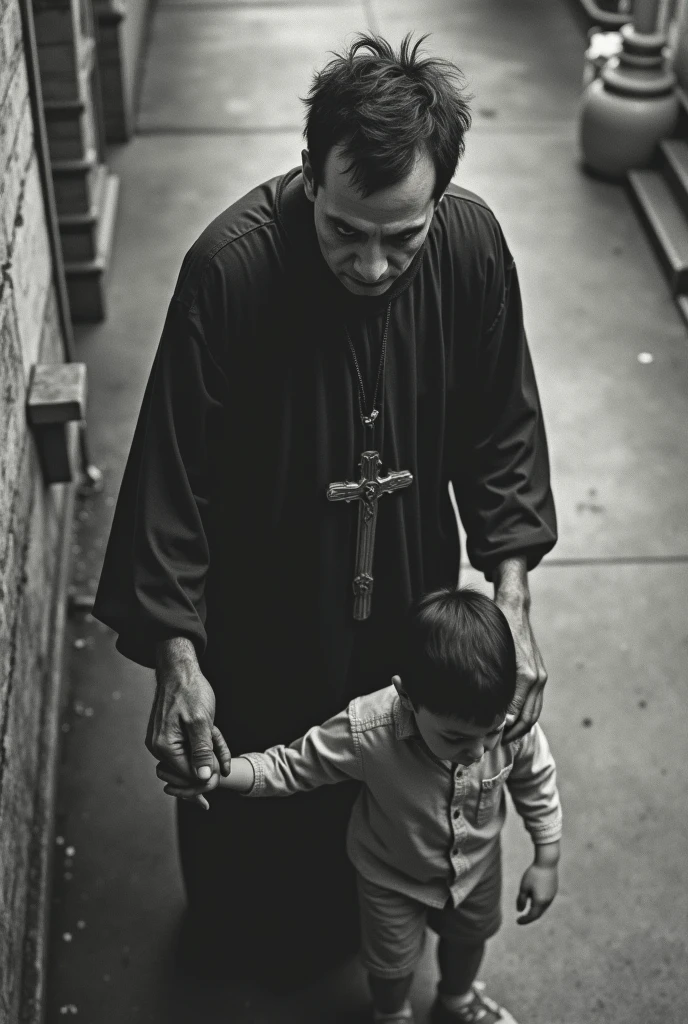 Create an image where you can see an image taken by a security camera (from above) in the 90s to a Colombian man (similar to Luis Alfredo Garavito) 4 (short black hair, scrawny and tall) dirty appearance from behind without his face being seen, dressed as a priest (with hair ) holding a child&#39;s hand (also from behind)