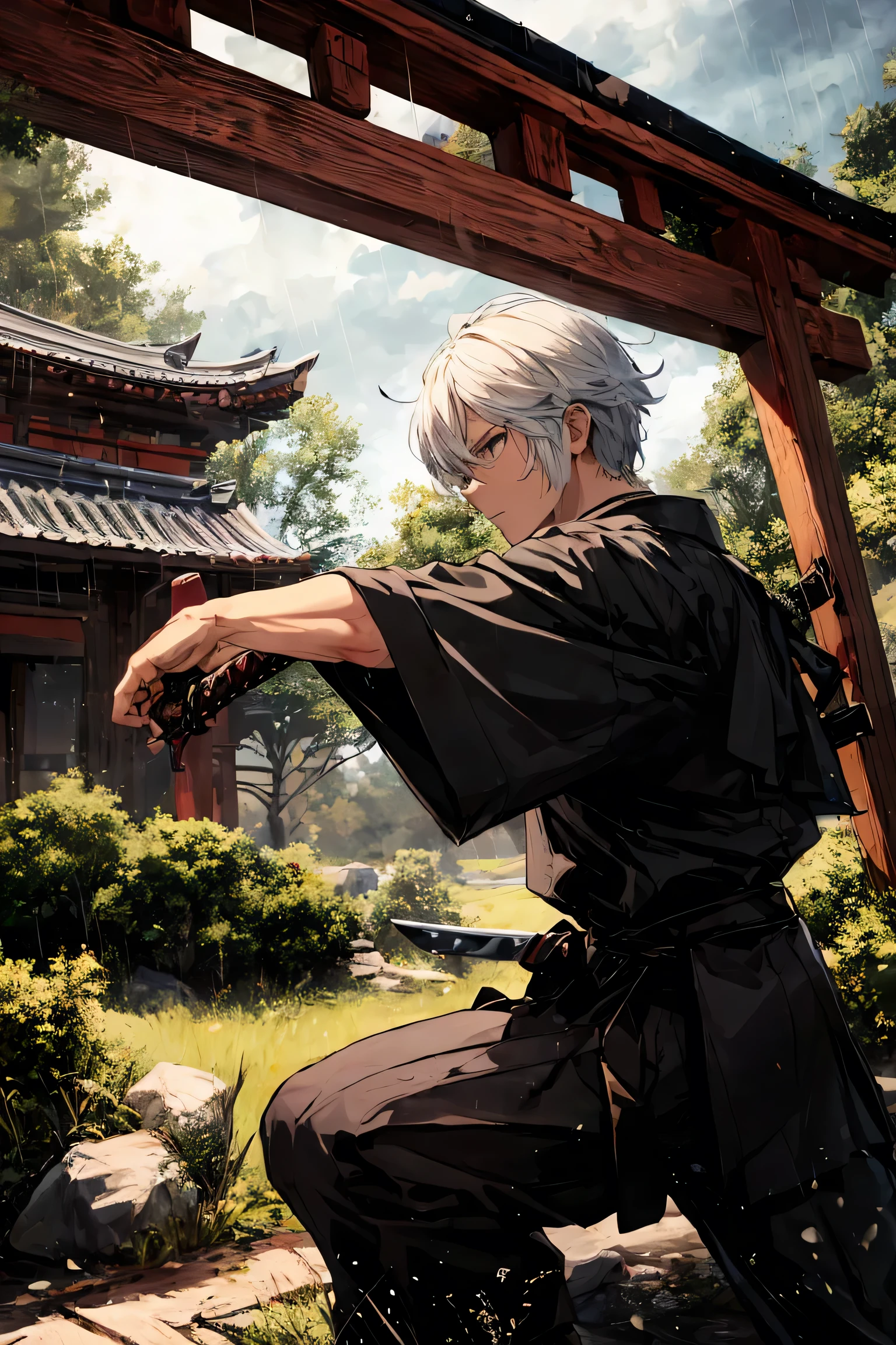 Mufune Toshiro, Toshiro Mifune, Japanese samurai, 55yo, upper body, dynamic, fighting stance, holding katana sword, grass field, rain, Temple, Japanese Temple, thunder, black cloud, black theme, dark theme background, 
BREAK,
Close-up of face, fighting scene, looking the viewer, (Duel scene:1.5), (Holding a sword:1.5), (trying to keep up the pace:1.5), (Just before being attacked:1.5), dynamic angle, movie scene, 
BREAK,
wearing a black japanese clothes, black dogi, black hakama, detailed clothes,