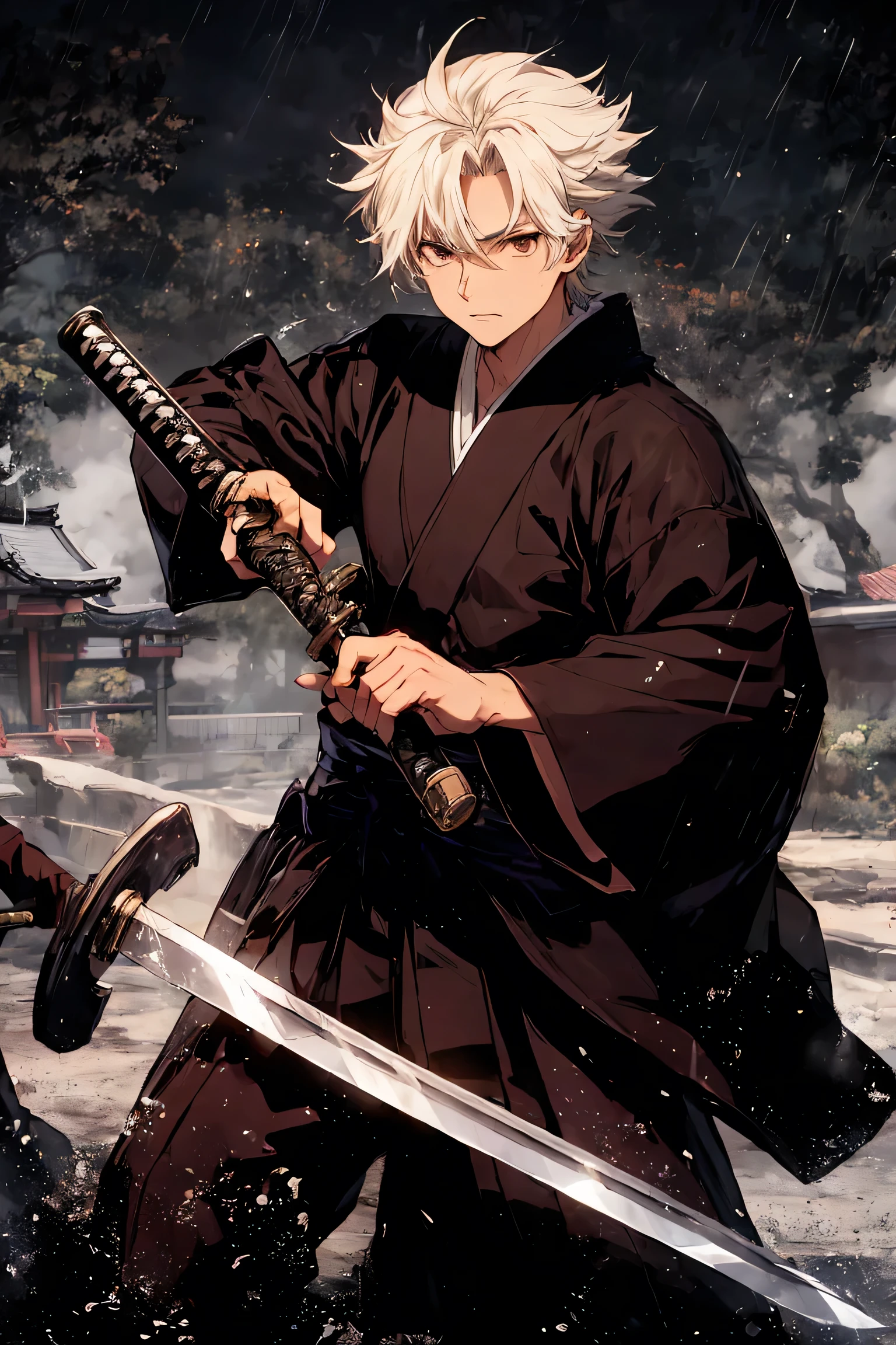 Mufune Toshiro, Toshiro Mifune, Japanese samurai, 55yo, upper body, dynamic, fighting stance, holding katana sword, grass field, rain, Temple, Japanese Temple, thunder, black cloud, black theme, dark theme background,
BREAK,
Close-up of face, fighting scene, looking the viewer, (Duel scene:1.5), (Holding a sword:1.5), (trying to keep up the pace:1.5), (Just before being attacked:1.5), dynamic angle, movie scene,
BREAK,
wearing a black japanese clothes, black dogi, black hakama, detailed clothes,