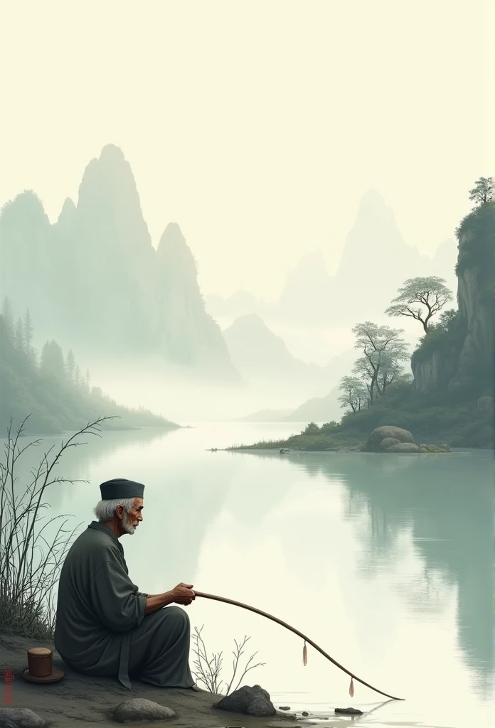 landscape,Chinese ink painting style,Calm river,An old fisherman on the shore,Mountains are faintly visible in the distance,it's foggy。