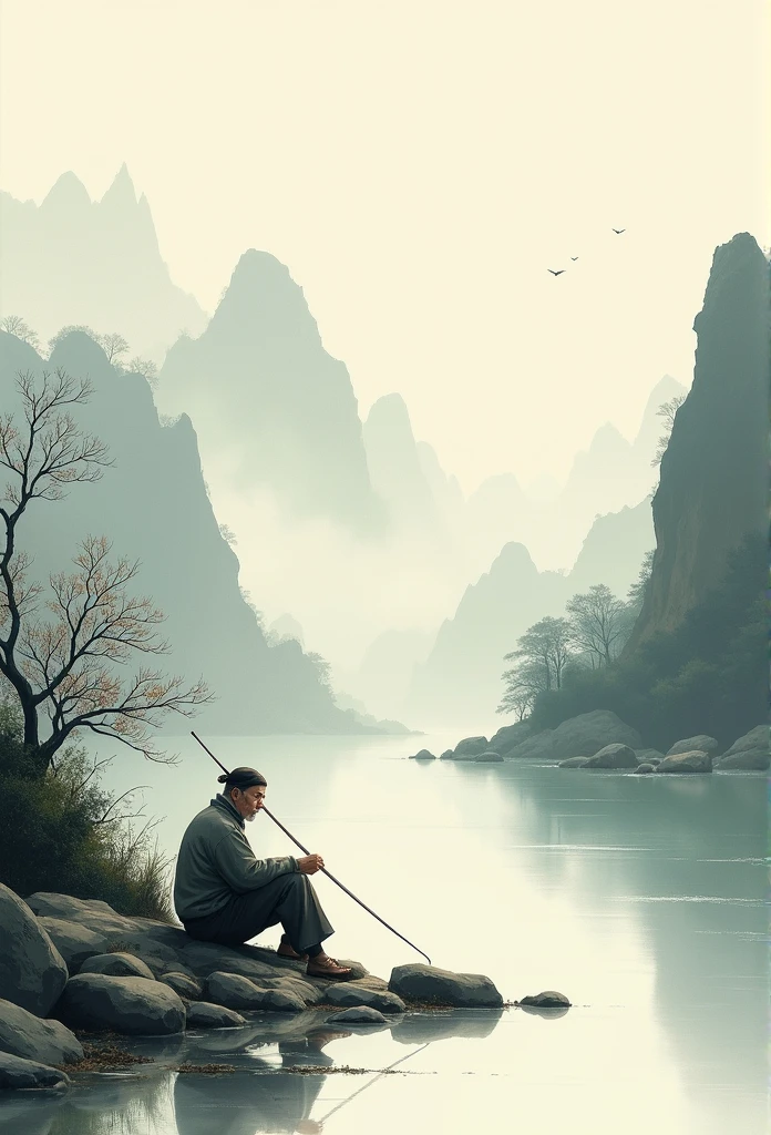 landscape,Chinese ink painting style,Calm river,An old fisherman on the shore,Mountains are faintly visible in the distance,it's foggy。