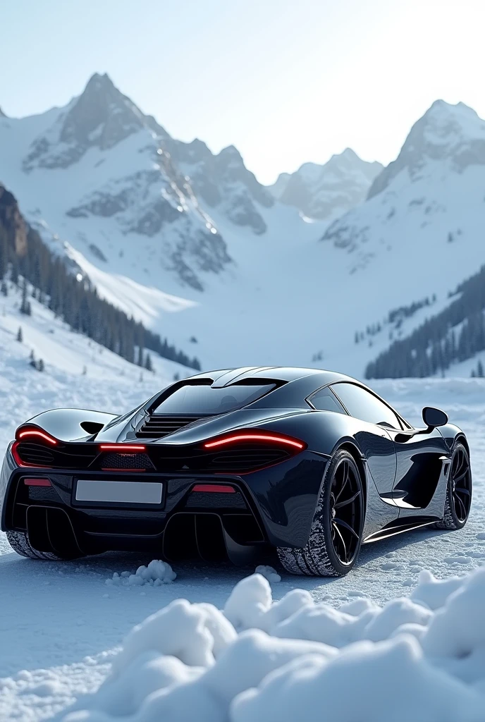 A black color McLaren in the mountains but car look from back side with light on ,the weather is winters , everything is covered with snow ,
for laptop screen resolution size 1920×1080