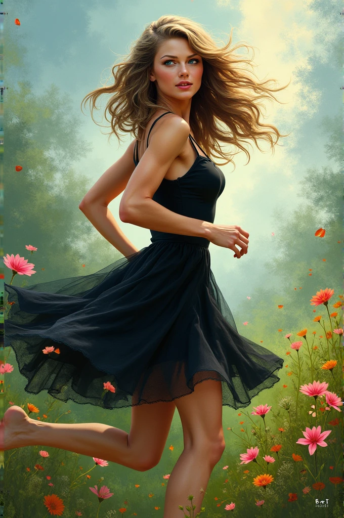 Taylor Swift’s song “The Bolter” for a show cover. Make the woman have brown hair and blue eyes. she has to be running while looking back, in a flowy black dress and write the title out. She’s in a flowery meadow
