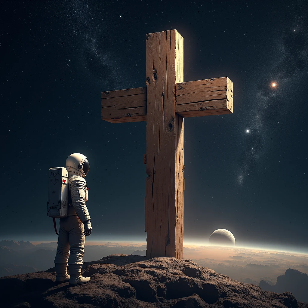 Wooden cross , in outer space, constellations, stars , planets , an astronaut