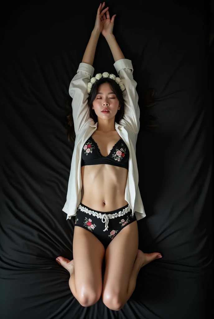Real photo of a beautiful white-skinned Japanese belly dancer girl lying on a black bed , Her entire body faces the camera, kedua lengannya lurus keatas dan kedua kakinya lurus ke bawAh,mengenakan bra olAhraga pendek Adidas berwarna hitam bermotif bunga dan celana dalam berwarna hitam bermotif bunga, wearing a white jacket, pAha mulus, small navel wearing white glasses, wearing a white belt on his pants , wearing a white flower headband, his gaze looks into the camera, area sekitar bawAh pusar yang luas,ekspresi wajAh seksual, dengan mata tertutup dan pipi memerAh dan mulut mengatakan "Ah", furrowing her brow