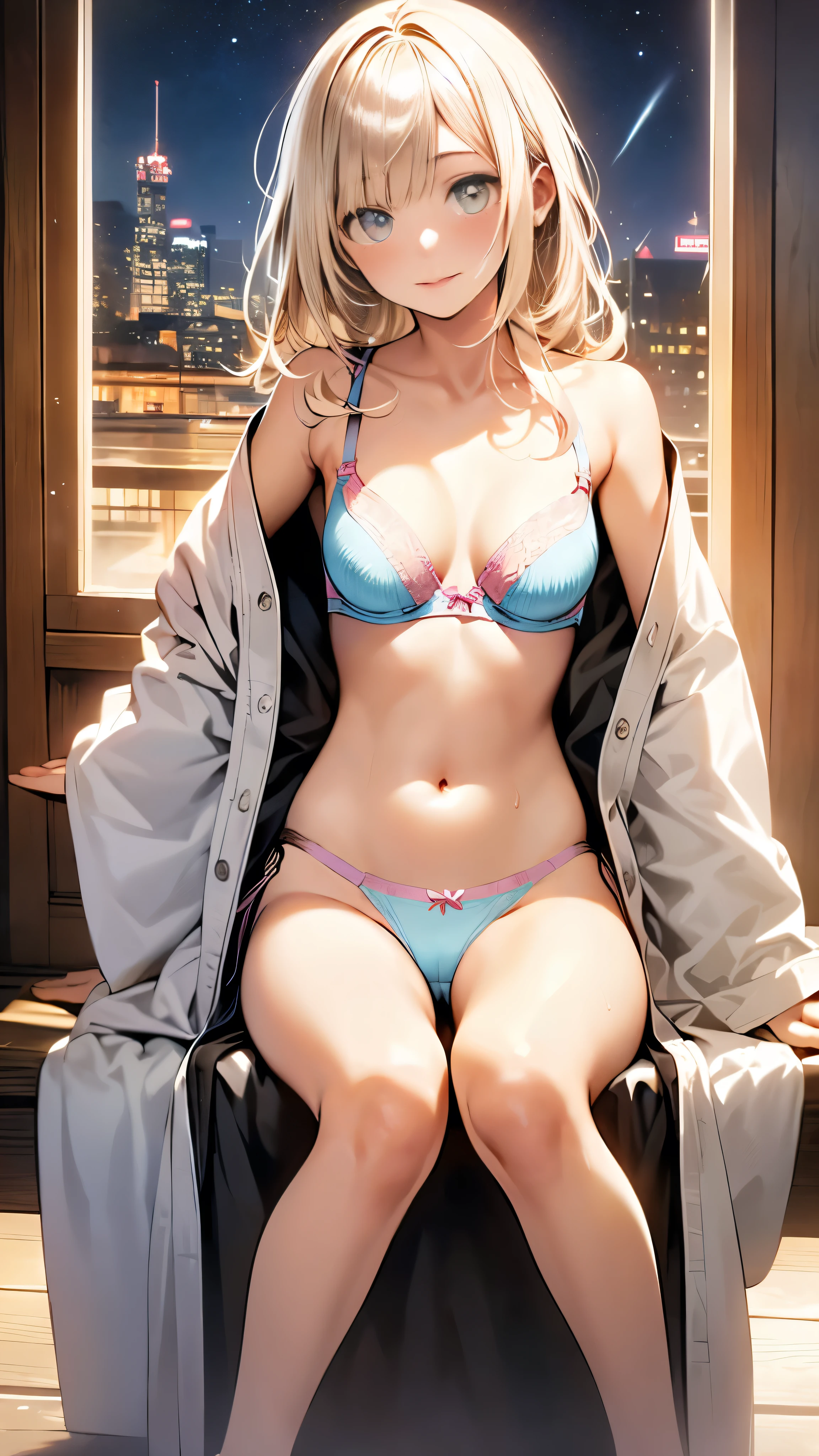 (((night,真night中))),(whole body),(((Cinema Lighting))),((Perfect Anatomy:1.2,Realistic:1.3,RAW Photos:1.3,masterpiece、Highest quality、Ultra - High resolution、High resolution、Highly detailed CG、8k)),((attractive way to sit)),1 female,alone,1、High school girl beautiful girl,Japanese,((Beautiful and graceful face and eyes:1.2,Big beautiful eyes:1.0,)),(Bright Eyes),((Beautiful woman))、((blonde)),Long Hair,(Center parted hair:1.4,amount),Mid-chest,((The body is slim)),Small Head:1.3,skinny,(Brown Skin:1.8),((Oily skin,Glowing Skin,Glowing Skin,Sweat:1.4)),((Model pose)),(((Kimono 1.0))),{{{Take off}}},(prostitution),shrine,((Turn your body forward)),Stick out your crotch、(Detailed depiction of the crotch),break,(((Satin Bra)))、(((satin panties)))、(Shiny bra:2),((Shiny panties:2))、(((Pastel colored underwear:1.6))),((((Bra and panties are painted in the same color))))、((Shiny Bra 2)),((Shiny panties2))