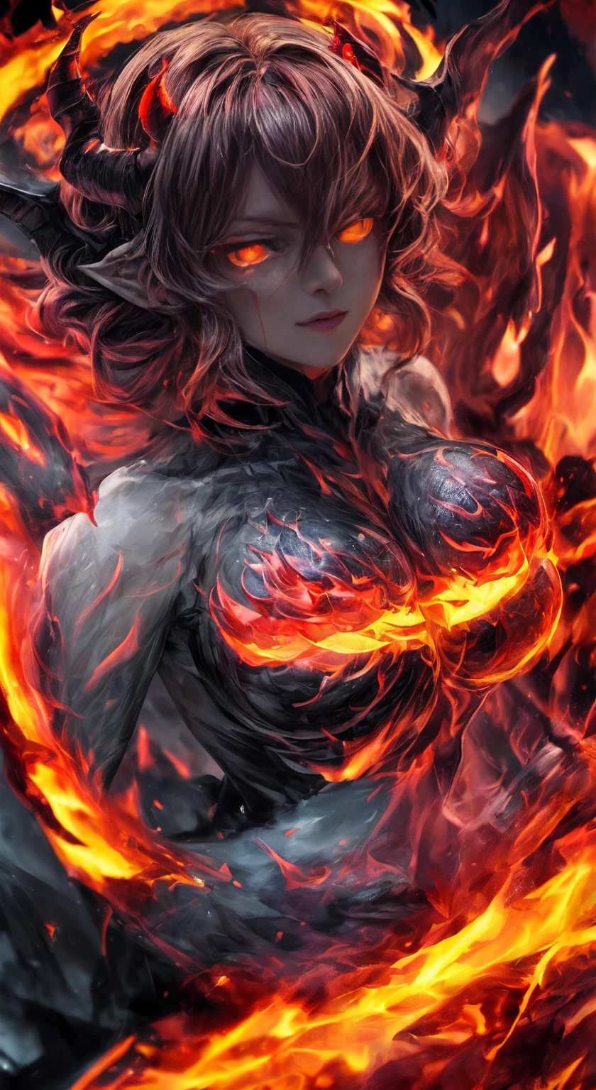 Storyboard, masterpiece, highest quality, dragonlady queen, perfect demoness, bright red glowing eyes, detailed eyes (1.4), scars on face, villainous expression, flaming skin body with bioluminescent glowing pattern, ready for battle, blurred stormy background, dark atmosphere, lighting in background,full body, fisheye lens 