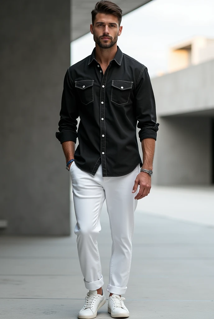 Black denim shirt and white pent men