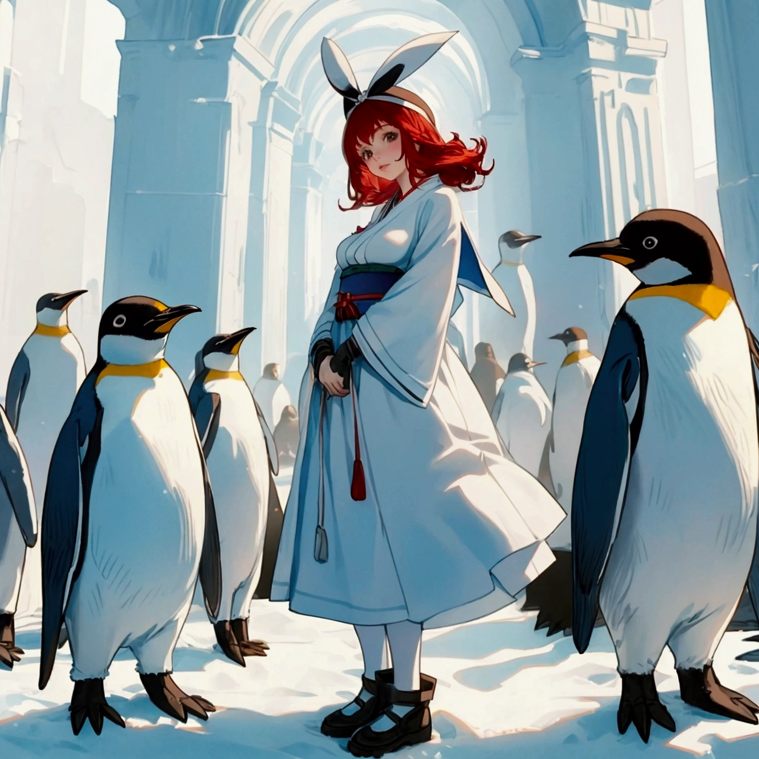 Alice's Memories in Wonderland,standing in Antarctica with arched backsurrounded by stuffed penguins,medium red hair, cute 20-something woman, fantastic photo breasts, hands on lips,full body, sunlight shining, Japanese anime