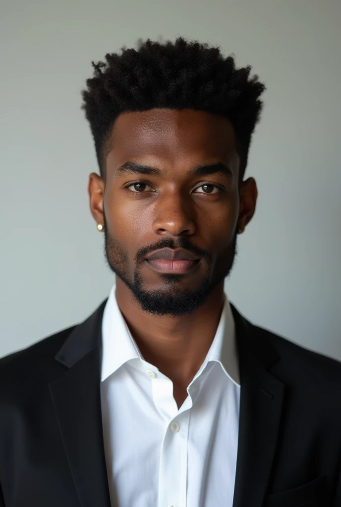 A young man same black color skin dressed in a black blazer over a white shirts light beard ,hair style normal and color  black and black eye for passport size picture. 