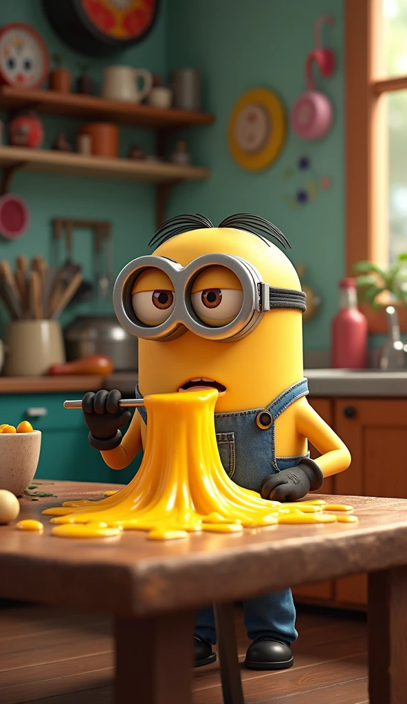 Minion Kevin tries to make cheese with the blender on the table but the cheese splatters all over the room.
