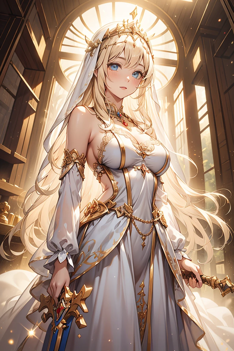 Teenage Girl，Fantasy World Princess，obsessed，Full Breasts，in love，Sacred，(And the White Princess Dress:1.3)，Blonde hair and blue eyes，Blue eyes，Great Sword，holy sword，Super super details，Ruffles，Lots of Lace，(There are stripes on the clothes:1.2)，(Dress nicely:1.1)，(Layered Skirt),Sheer and transparent clothing，Beautiful and delicate face，Movie Lighting，night，The only person，Lace,(shine:1.2), (Best quality), (masterpiece:1.2),sparkling gemstones, thick, thick, godess, milf,milf