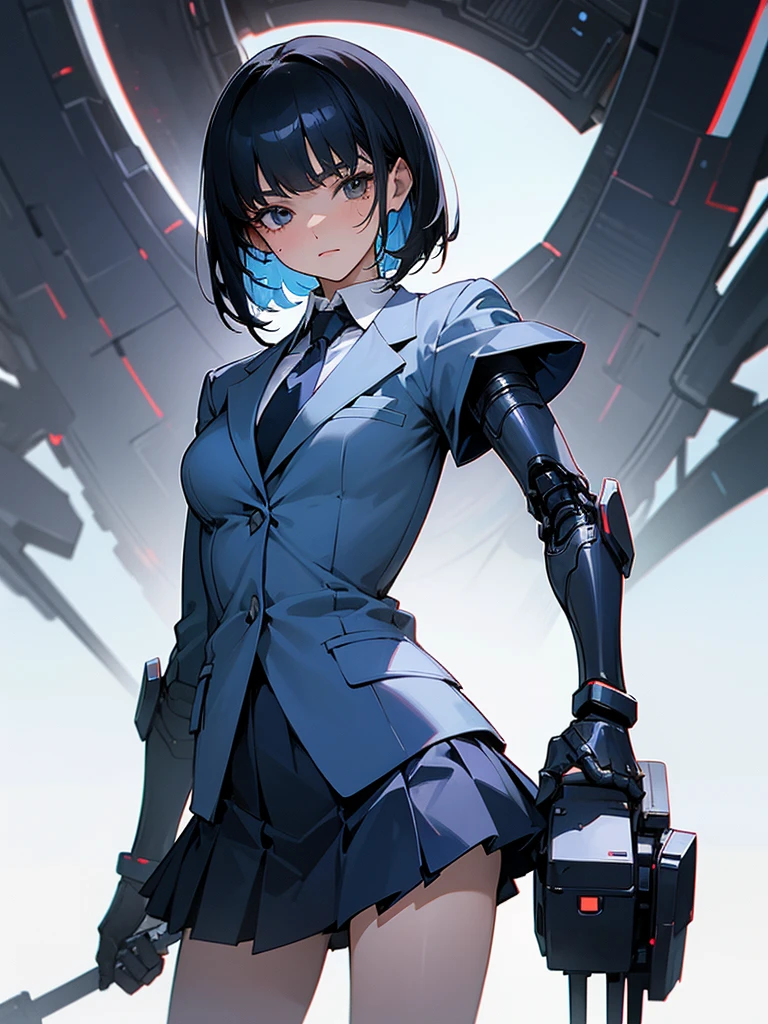 masterpiece, Highest quality, Very detailed, beautiful, One person, alone, Black Hair, short hair, One arm + (Cyber Arm), Facial blemishes,school uniform, tie, blazer, Dark Blue Skirt, Short skirt, Are standing,whole body, after that, White Background, Simple Background, from the front,Looking at the audience,