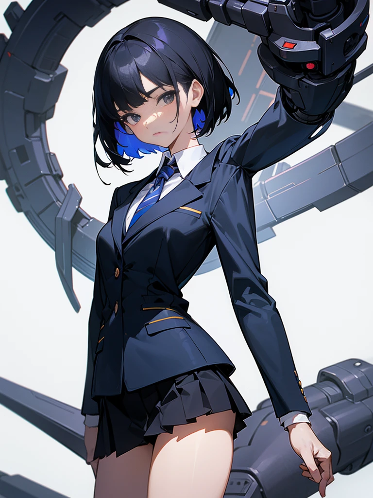 masterpiece, Highest quality, Very detailed, beautiful, One person, alone, Black Hair, short hair, One arm + (Cyber Arm), Facial blemishes,school uniform, tie, blazer, Dark Blue Skirt, Short skirt, Are standing,whole body, after that, White Background, Simple Background, from the front,Looking at the audience,