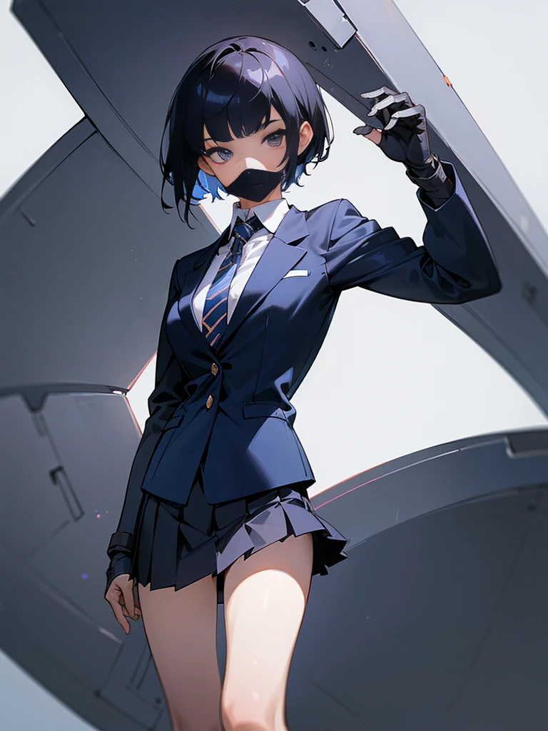 masterpiece, Highest quality, Very detailed, beautiful, One person, alone, Black Hair, short hair, One arm + (Cyber Arm), Facial blemishes,school uniform, tie, blazer, Dark Blue Skirt, Short skirt, Are standing,whole body, after that, White Background, Simple Background, from the front，Looking at the audience,