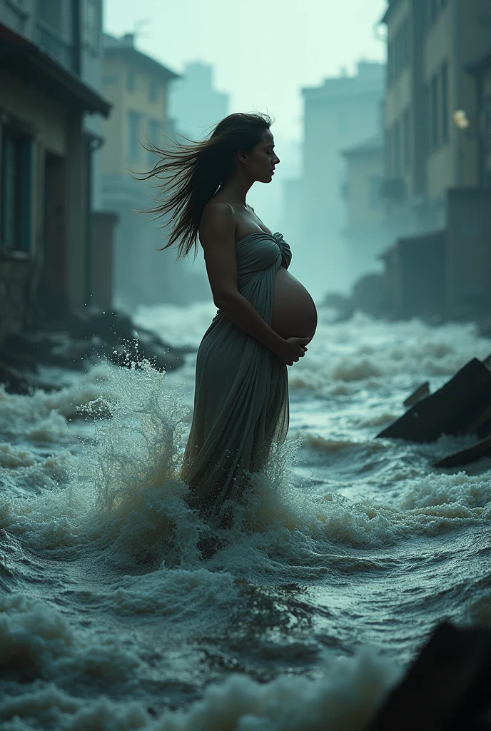 Pregnancy women stand up with flood